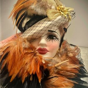 Vtg. 1995 Unique Creations Women's Feathered Hat with Gold Details. 11" tall.